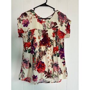 Andree by Unit Womens Floral Blouse Cream Red Purple Short Sleeve Boho Size M